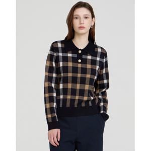닥스 여성 24FW 역시즌세일울 100% 다크네이비 체크 긴팔 카라니트 DLSW4D993N3