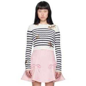 25 FW 발렌티노 여성 화이트   네이비 리본 스웨터 232476F111001