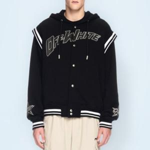 25 FW 오프화이트 Fleece 00 로고 모티프 코튼 후드 바시티 자켓 블랙 OMEK003S25JER00