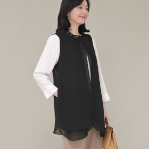 애비뉴투지 엄마옷 셔링넥 이중 쉬폰 봄 여름 롱 조끼 V04419