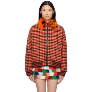 25 FW 마르니 여성 오렌지 체크 시어링 보머 재킷 232379F063003