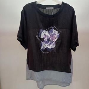 Latium HC06 엉덩이길이 품넉넉한 단가라 셔츠 배색 퍼플리쉬 라운드 반팔 언발 티블라우스 T2523ts18B1