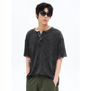 (225742EQ35) [에잇세컨즈] 가먼트다잉 헨리넥 와플 반소매 티셔츠  블랙
