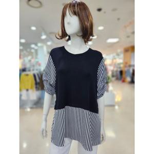 [아날도바시니]니트 리본 배색 셔링 5부 블라우스 AY05BL30S
