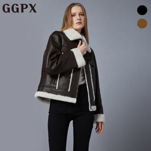 [GGPX] 롤업 퍼 배색 페이크 레더 무스탕 (GOZMU006F)