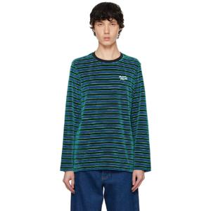 Maison Kitsune 티셔츠 블루 스트라이프 벨벳 티셔츠 242389M213033