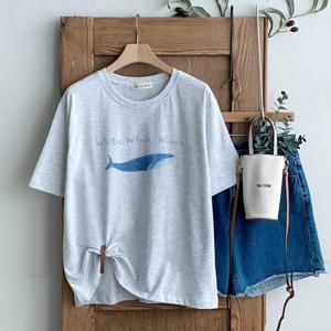 샵앤) 국산 여성 라운드넥 고래 그래픽 면100 반팔 티셔츠 FJ-WSH-4533-오트밀