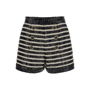 BALMAIN 전체 스팽글 패브릭 소재의 보석 단추가 있는 흑백 스트라이프 반바지 여성 DF1PA265XJ31EAB