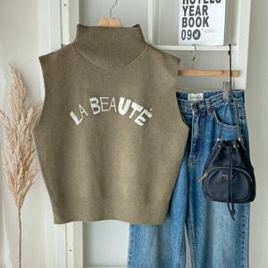 샵앤) 여성 골지 하이넥 레이어드 민소매 니트 조끼 BONG-WVS-4778-카키
