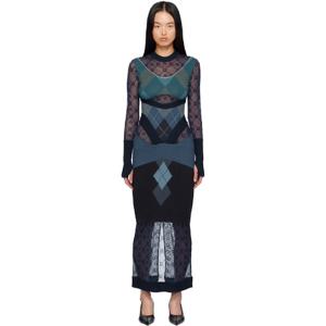 25 FW 마린세르 여성 네이비 업사이클링 아가일 니트 미디 드레스 242020F055009