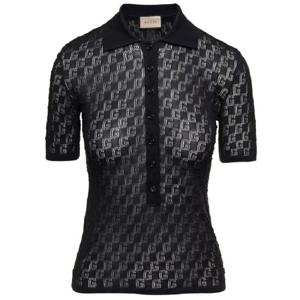 GUCCI 코튼과 실크 혼방 여성 소재의 버튼 여밈 및 GG 모티프 블랙 폴로 셔츠 742969XKC5G1000