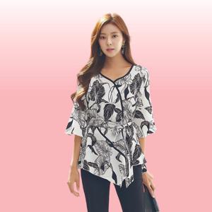 모노톤 리프 패턴 블라우스