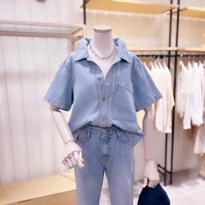 [시에로]  SK2SHF732_포켓 포인트 연청 데님 반팔 셔츠
