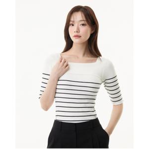 플라스틱아일랜드  (PR2KH461) 스퀘어넥 스트라이프 니트
