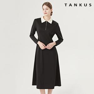 [탱커스]카라 배색 핀턱 백 리본 슬림 롱 원피스 (TW1OP008L0)