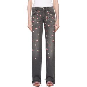 25 FW 블루마린 여성 그레이 로즈 자수 와이드 핏 데님 진 242901F069001