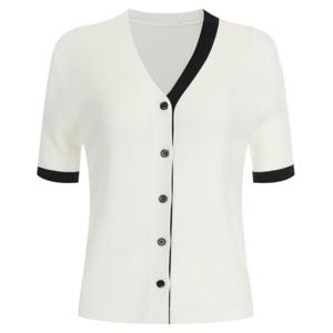 샵앤) 여성 V넥 단추오픈 포인트 배색 반팔 니트 가디건 BOM-WCD-20652-아이보리