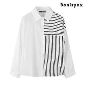 [보니스팍스(여성의류)]스트라이프 배색 카라 여성 긴팔 셔츠 (XO1BA051L0)