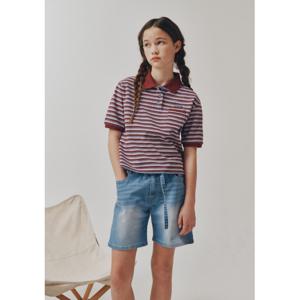 블루테일 AZB2TS05WN 스트라이프 카라 와인 크롭 반팔 티셔츠