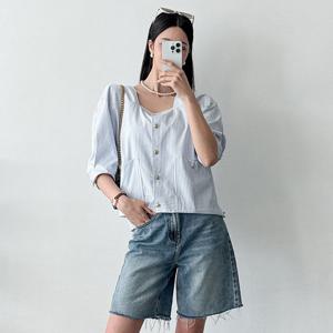 샵앤) 여성 단가라 스퀘어넥 밑단 스트링 단추 7부 블라우스 셔츠 CAT-WBL-4352-연그레이
