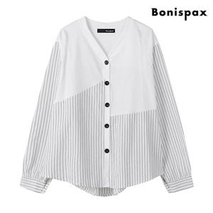 [보니스팍스(여성의류)]V넥 세로 스트라이프 배색 버튼 긴팔 셔츠 (XO3BA011L0)