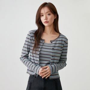 플라스틱아일랜드  배색 나시 탑 스트라이프 가디건 세트 (PR3CG861)