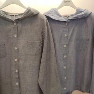 Latium HC06 루즈핏 세로줄 얇은 면 슈슈 점퍼형 후드 셔츠블라우스 T2523bl05