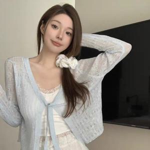 샵앤) 여성 끈 오픈 그물 크롭 시스루 레이어드 볼레로 가디건 21DS-WCD-4380-블랙