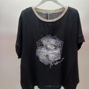 Latium HC06 팔뚝품편한 루즈핏 셔츠 배색 싸인 라운드 반팔 티블라우스 T2523bl31B1