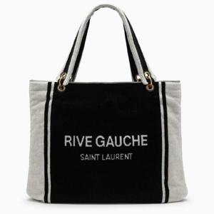 SAINT LAURENT 블랙 앤 화이트 테리 천 소재의 리브 고쉬 토트백 735067FABKRXEYSL-1070