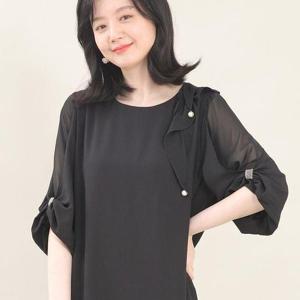 [애비뉴투지]엄마옷 어깨 드레이프 진주 쉬폰 퍼프 시스루 칠부 여성 봄 여름 롱 정장 원피스 K05429