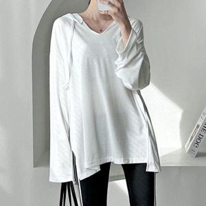 [유야]찰랑 후드 무지 롱 티셔츠 캐주얼 데일리 -TS0025H- 빅사이즈 루즈핏 여성 봄