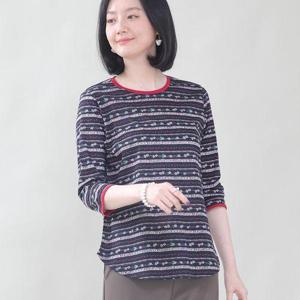 [애비뉴투지]엄마옷 실켓면 꽃길 줄무늬 여성 봄 여름 초가을 라운드 칠부 티셔츠 A03426