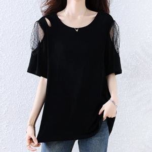 [블랙퀸]마감할인 숄더메쉬 빅사이즈 롱티셔츠 blk003507