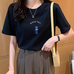 [셀러허브_여성트랜드패션]ONM 여성 고양이 검정반팔티 봄 여름 프린팅 20대