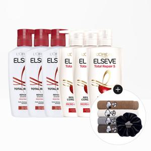 [로레알파리]토탈 리페어5 리페어링 샴푸/컨디셔너 410ml 6개 세트+스누피 타올 1장(랜덤)+스크런치(곱창끈