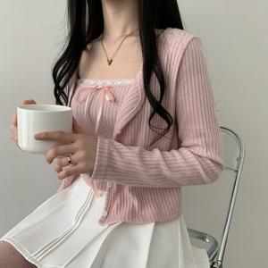 더핑크 / 주비 골지 레이스 리본 나시+버튼 라운드 가디건
