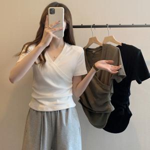 여자 무지 브이 넥 티셔츠 면 모달 기본 반팔티