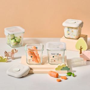 꿀꿀 눈금이유식 유리 밀폐용기 210ml 뚜껑 혼합 4조세트