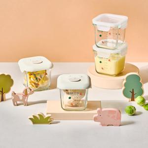 멍멍 눈금이유식 유리 밀폐용기 210ml 뚜껑 혼합 4조세트