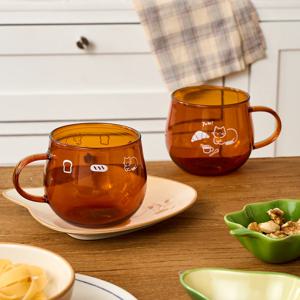 L 냥이네 빵굼터 브라운 손잡이 유리잔 400ml 2 style
