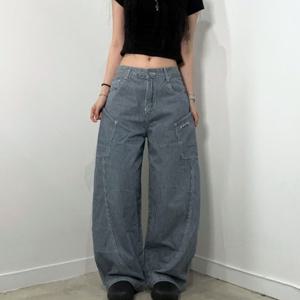 스트라이프 바지 항아리 데님 팬츠 청바지 벌룬핏 와이드 절개선 여름 긴바지 레터링 T116