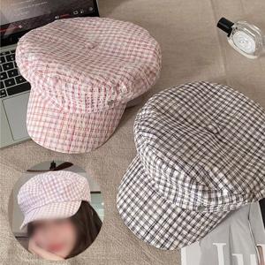 LN 레트로 여성용 체크 베레모 헌팅캡 여름 모자 봄 가을 여자 휴양지 패션