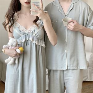 캡내장 그레이쉬 여름 커플 반팔 잠옷 홈웨어 파자마 상하세트 시원한 원피스
