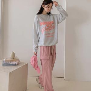루즈핏 배색 앤드 카고 레터링 와이드 카고 건빵 포켓 여성 트레이닝 일상복 세트