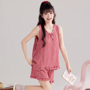 민소매 깅엄 체크 리본 상하 여름 홈웨어 나시 인견 잠옷 세트