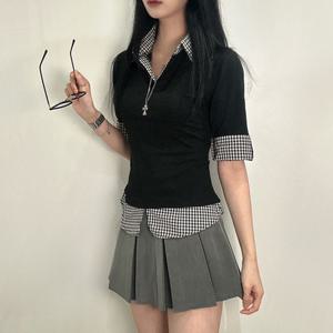 긱시크 룩 여성 체크 포인트 반팔 카라 셔츠 티 셔츠일체형 티셔츠 반팔티 5부 T125