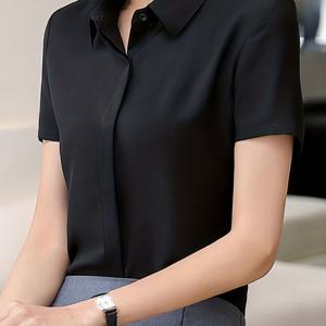 TEMU 여성용 경량 반투명 버튼업 셔츠 - 통기성 폴리에스터 반팔 블라우스, 클래식 칼라, 여름 통근 및 캐주얼 착용용 정상 핏, 모든 사이즈 (XX S-XXL), 다용도 패션, 우아한 디자인, 부드러운 질감