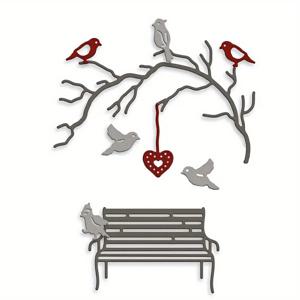 TEMU DIY 스크랩북, 카드 만들기 및 종이 공예용 버드 & 벤치 메탈 커팅 다이 세트 - 은빛 톤 엠보싱 스텐실