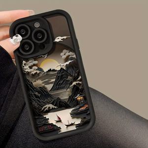 TEMU 산과 물 그림 블랙 TPU 풀 커버 방탄 보호 모바일 폰 케이스, Apple iPhone 16/15/14/13/12/11/XR/Pro/Plus/Pro Max에 적합한 보호 케이스